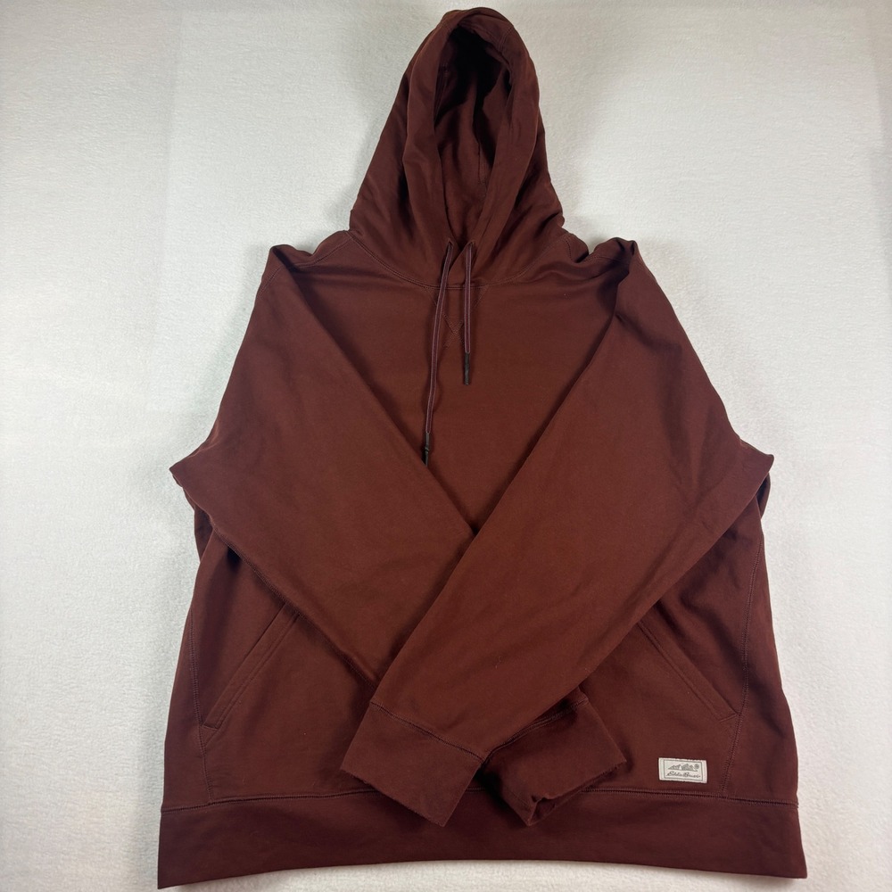 Eddie Bauer Mens XXL Maroon Pullover Hoodie Fleece Sweatshirt Kangaroo Pocket